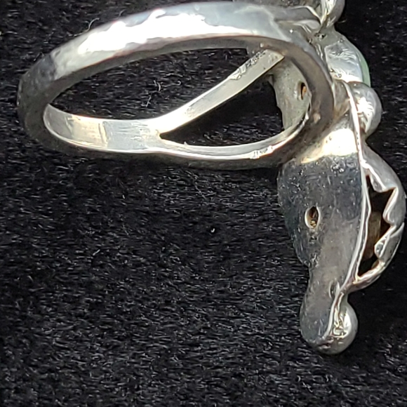 Vintage Native American Sterling Turquoise Coral Ring Leaf and Raindrops Design - Picture 9 of 11